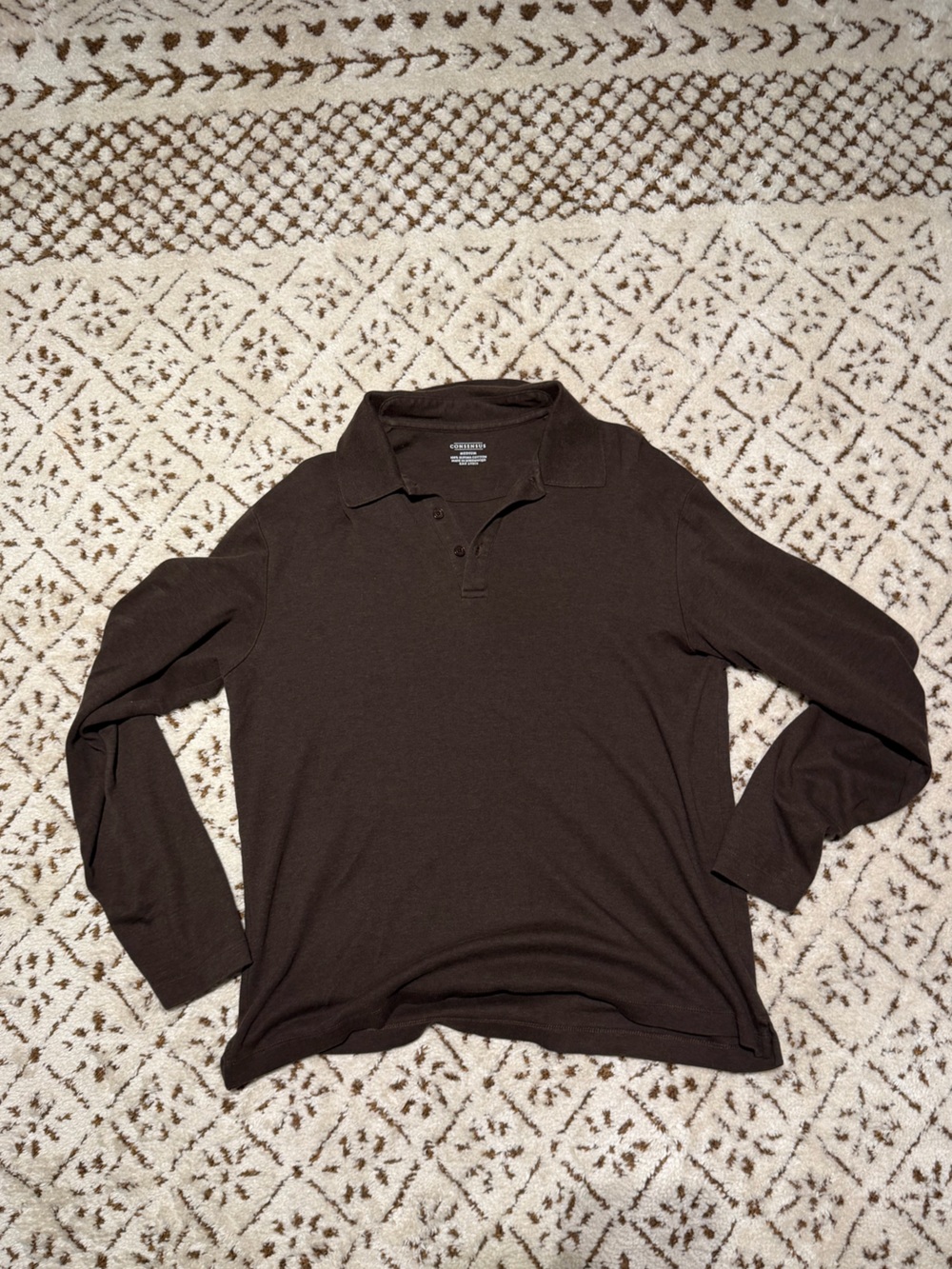 Classic Long-Sleeve Polo Top in Dark Brown Mens medium